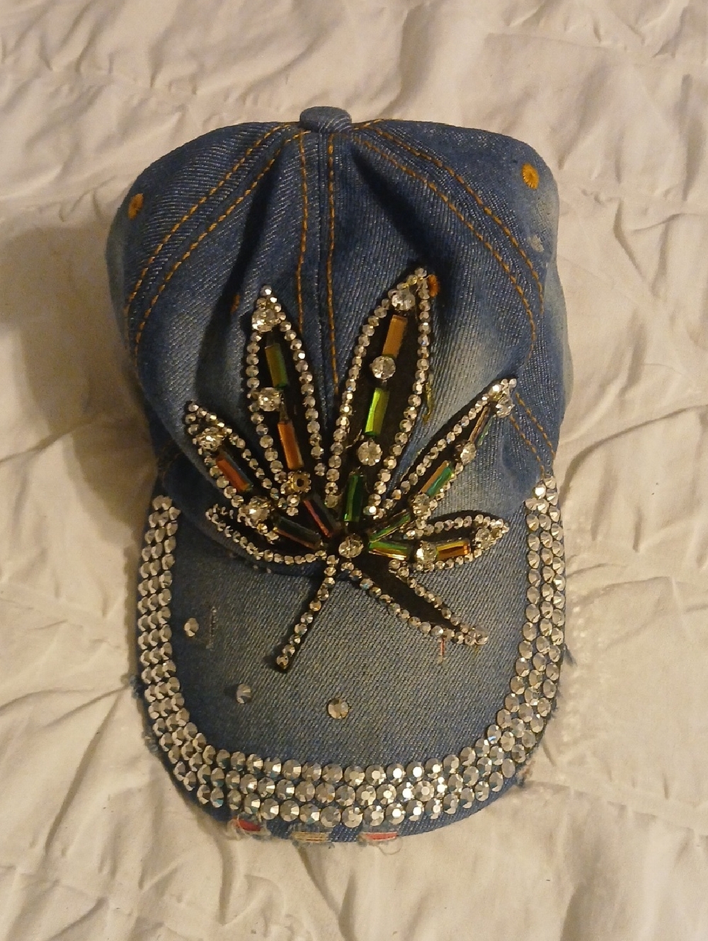 Embellished Denim Baseball Cap with Rhinestone Leaf